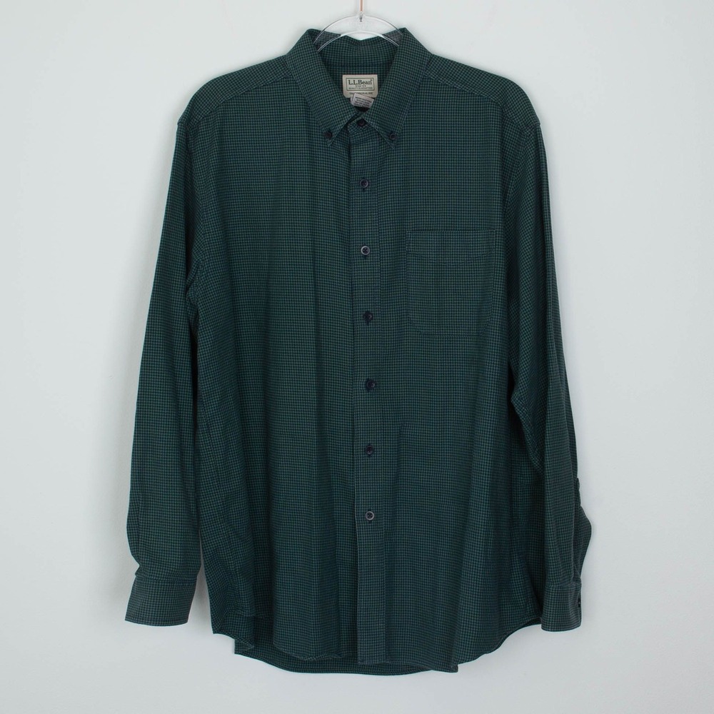 LL Bean Mens Long Sleeve Plaid Flannel Shirt Traditional Fit Size L Green Chore‎